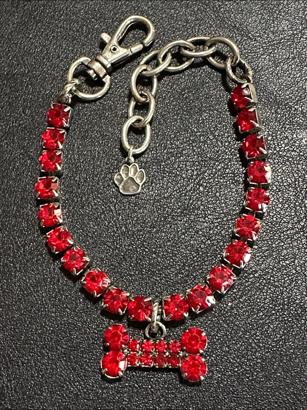 Red Rhinestone Silver Tone Small Dog Collar With Dangling Red Charm